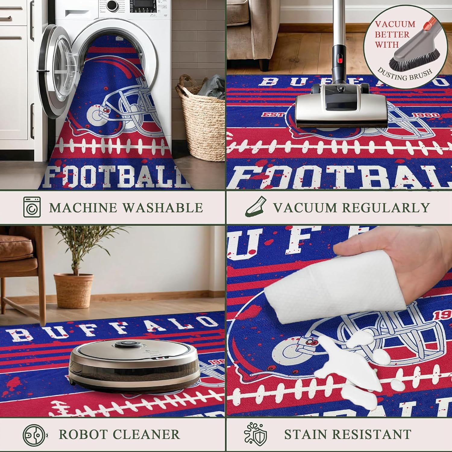 Sporty Washable Area Rug 5x7FT- Stain Resistant Non-Slip Low Pile Carpet for Man Cave, Rug for Boys Room Decor, Durable Indoor Field Rug