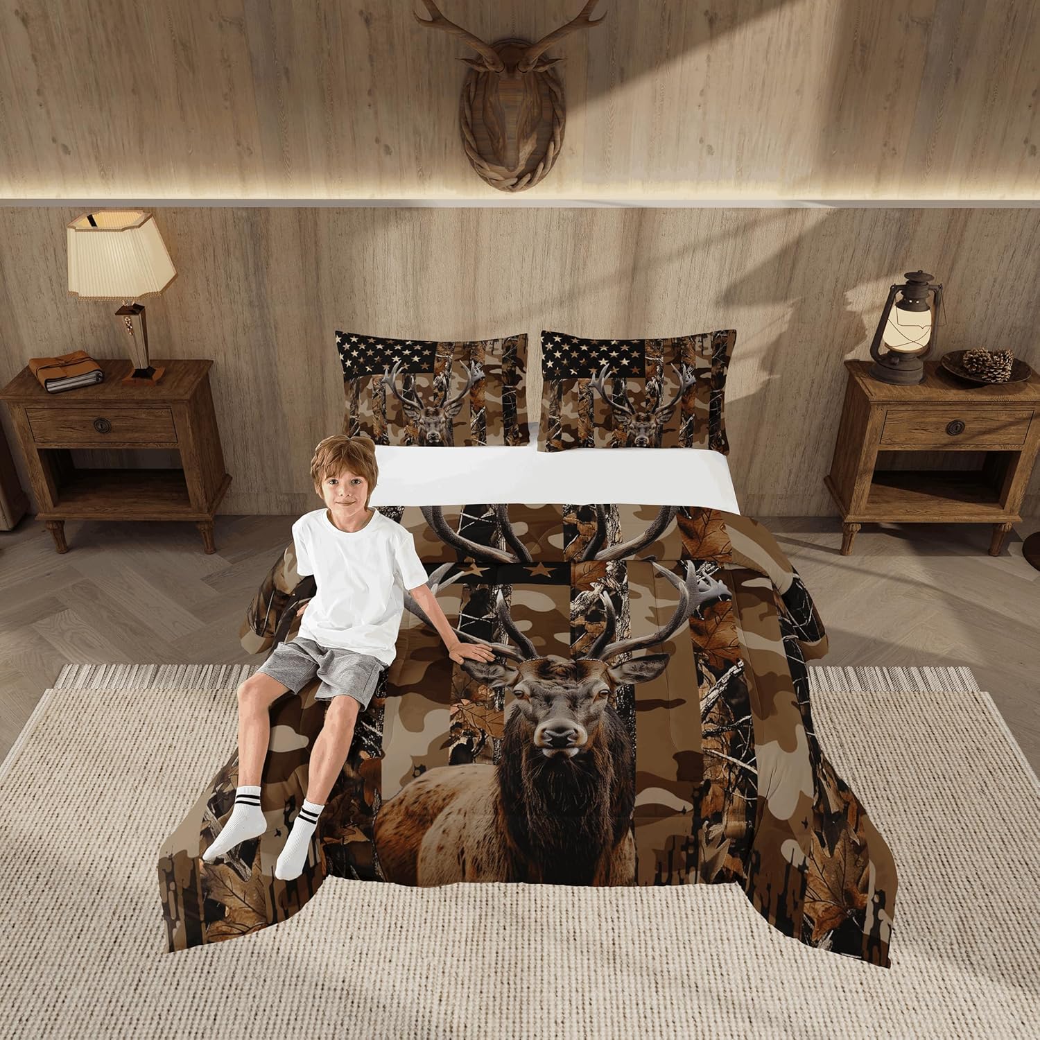 jejeloiu Deer Hunting Camo Comforter Set Queen Size American Flag Bedding Set Rustic Farmhouse Cabin Lodge Duvet Quilt for Kids Boys Girls Bedroom Wildlife Decor Microfiber Ultra Soft Breathable - Image 5