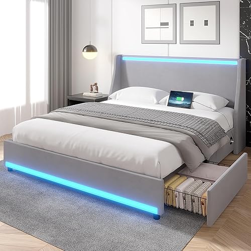 VECELO Full Size Bed Frame with Storage Drawers, Upholstered Platform Bedframe with Wingback Headboard, No Box Spring Needed, Light Grey Gris