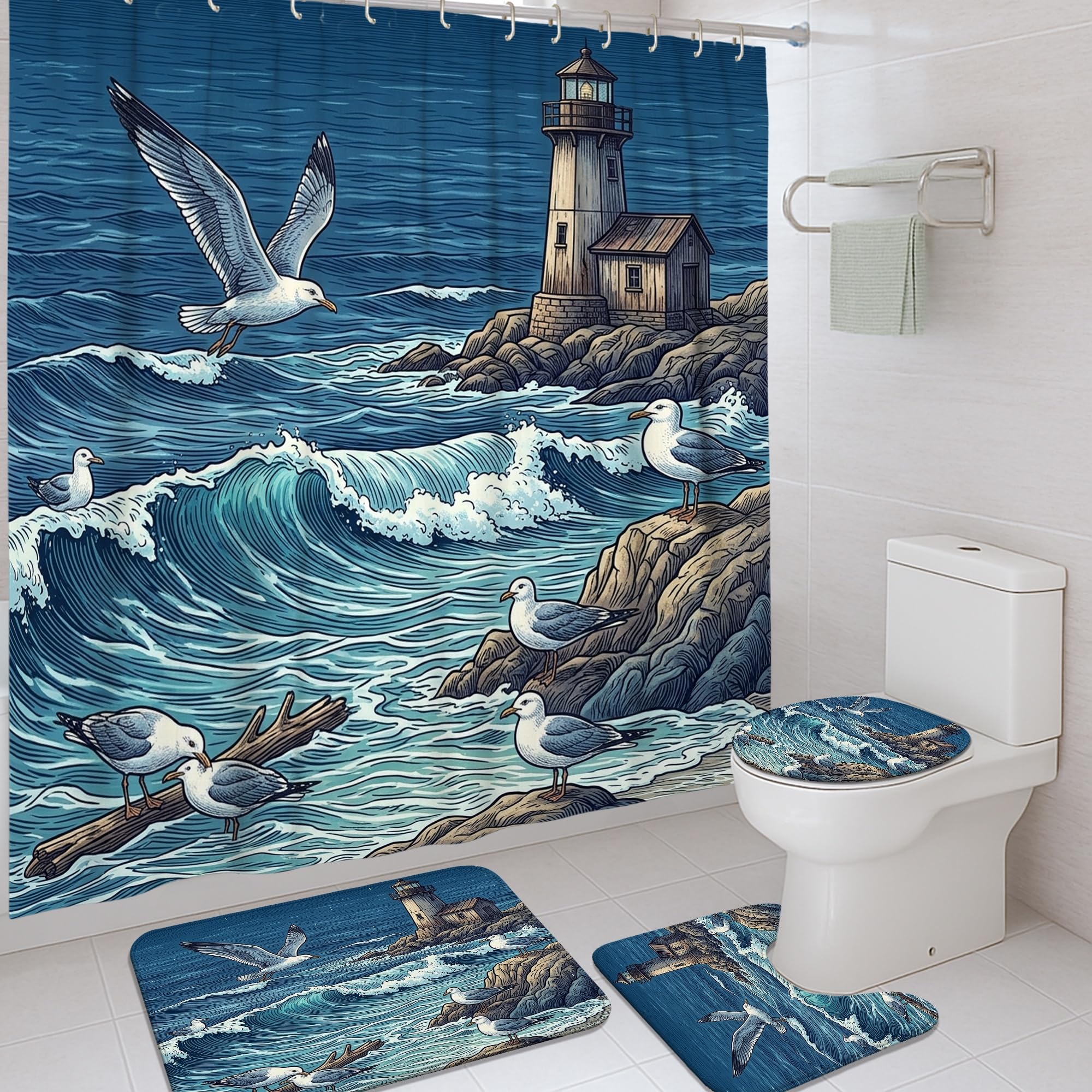 Rideau de douche vagues côtières 183x183 avec tapis pour éviter les éclaboussures