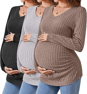 Camisetas de Maternidad 3 Piezas, Ropa de Embarazo de Manga Larga, Cuello en V, suéter…