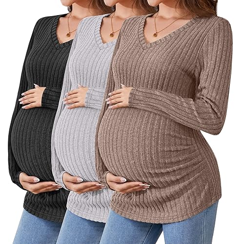 Ficerd 3 Pack Women's Maternity Shirts Ribbed Long Sleeve Pregnancy