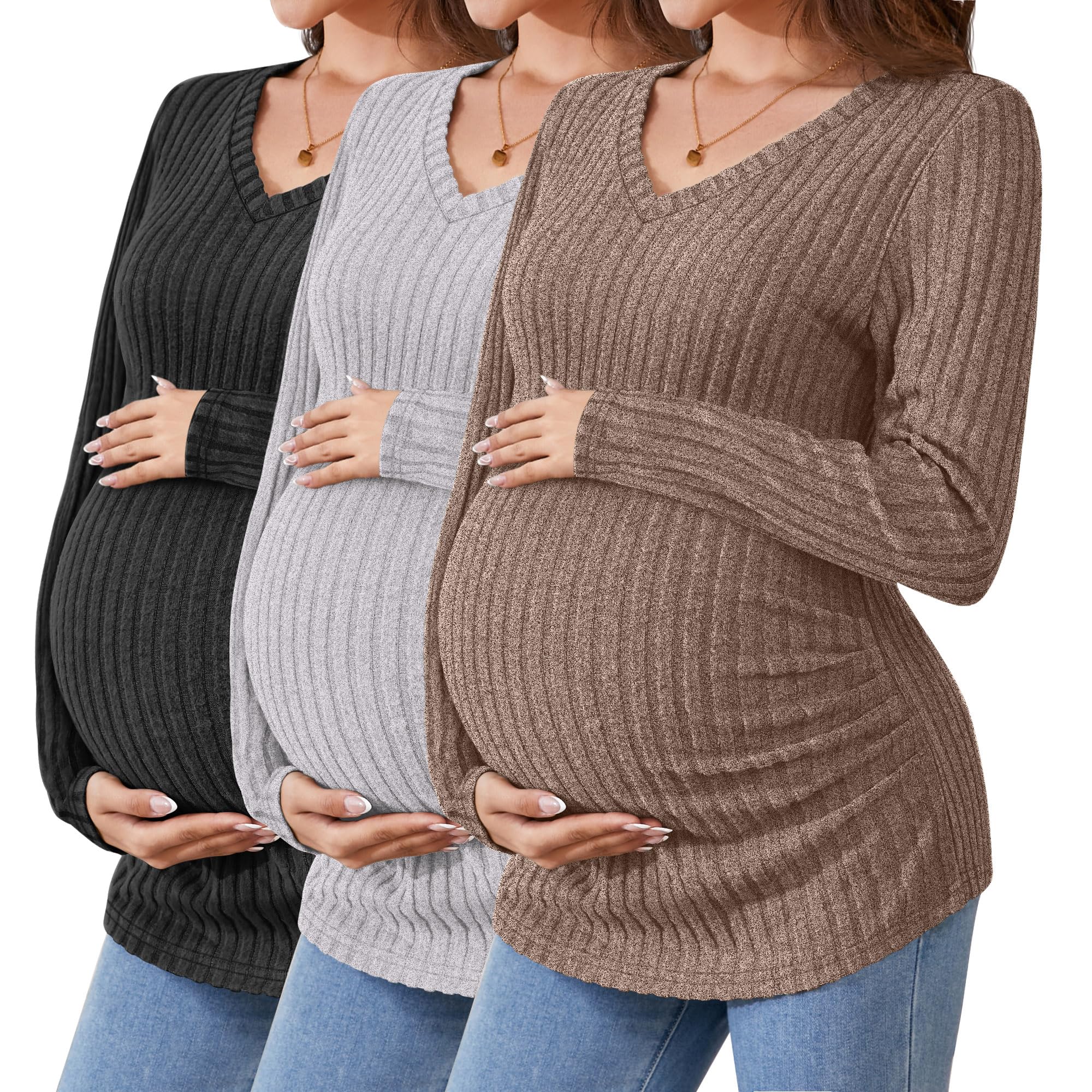 Ficerd Magliette Premaman 3 Pezzi, a Maniche Lunghe, con Scollo a V, a Coste, per la Gravidanza Maglioni Invernali Termici