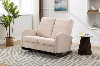 Modern Double Rocking Chair,Oversized Nursery Rocking Chairs,Accent Armchair with High Backrest and Side Pocket,Extra Wide Rocking Sofa for Living Room，Bedroom,Baby Room(Beige)