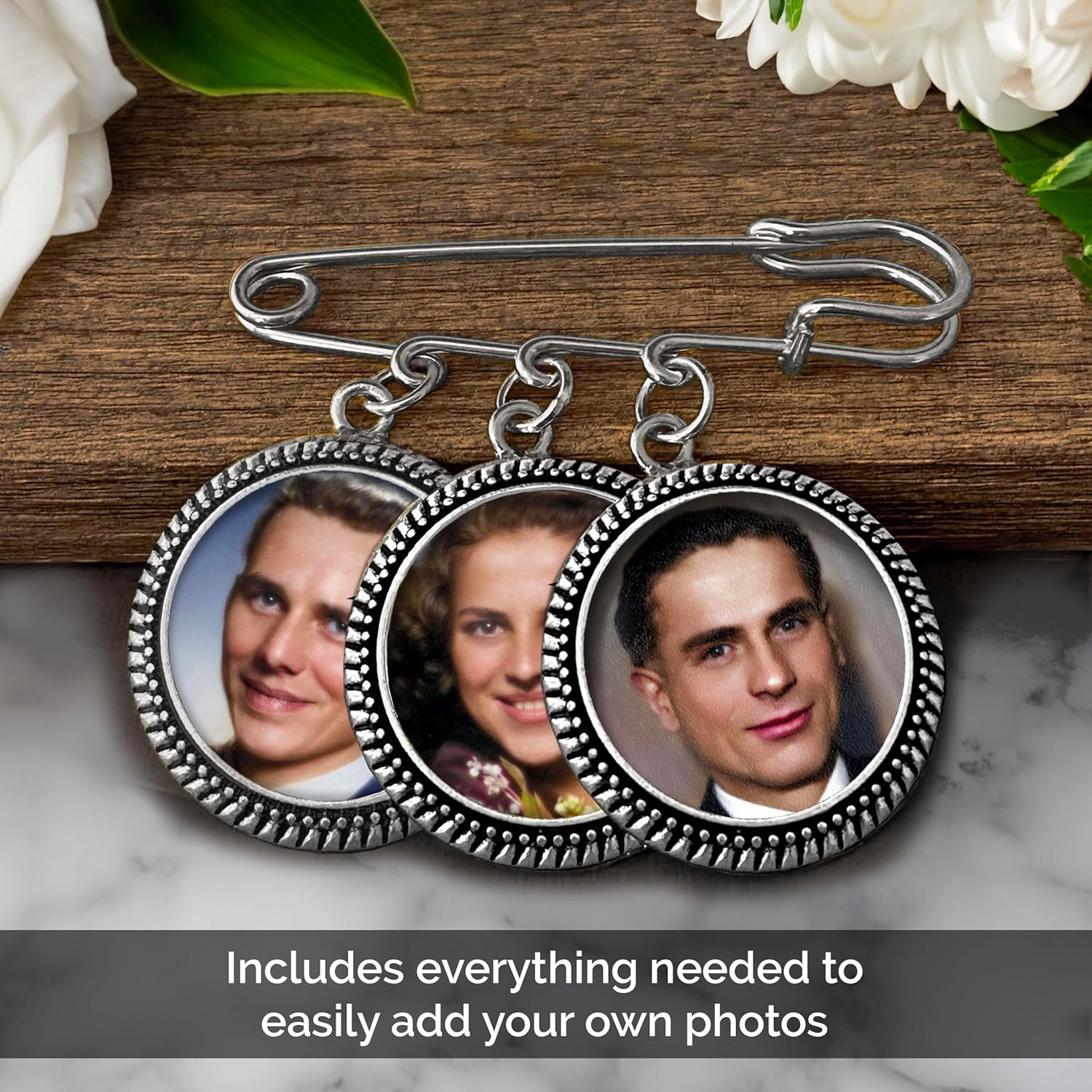 Photo Memory Pin for Wedding Groom Boutonniere Remembrance Charms Holds 3 Pictures with Photo Resizer - Image 3