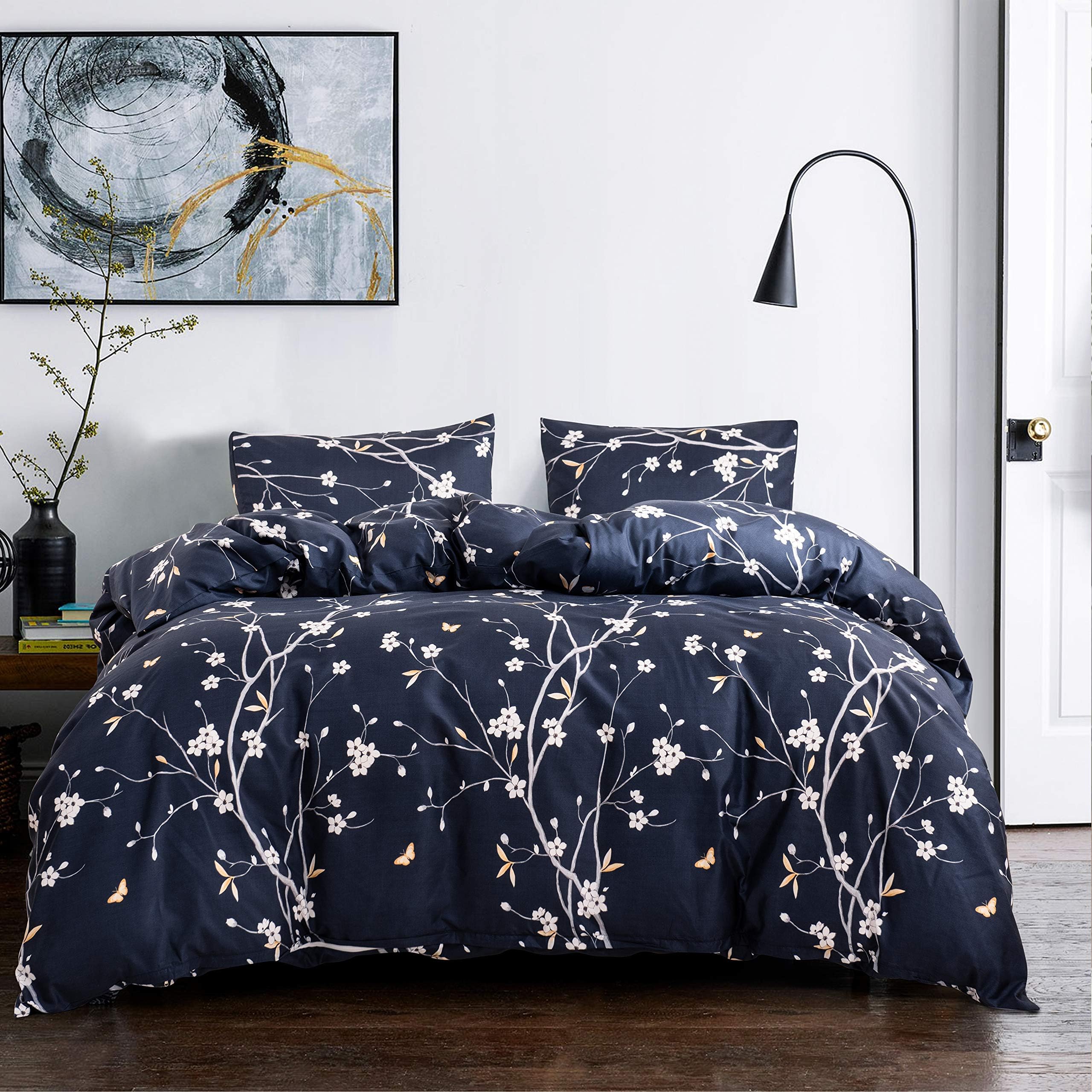 GETIANNFloral Duvet Cover Set King Navy Blue Comforter Cover Set 104"x90" with 2 Pillow Shams Lightweight Plum Blossom Pattern Bedding Set Hotel Quality(Sketchleaf, King)
