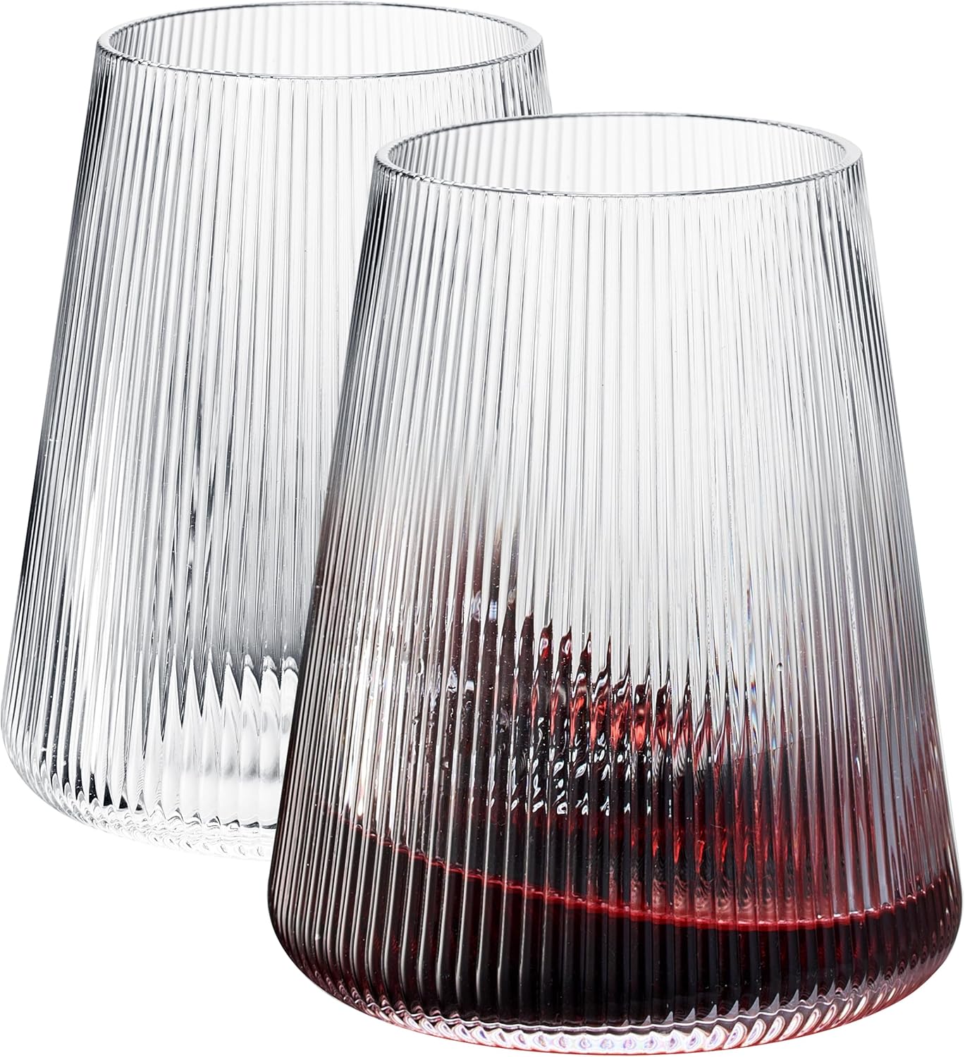 Stemless German Design Ribbed Wine Glasses | Set of 2 | Premium 13.5oz, Crystal Premium Modern Glass | Glass Cup For Red & White Wine, Durable Drinking Glasses, Gift Idea for Men or Women, Gift Box