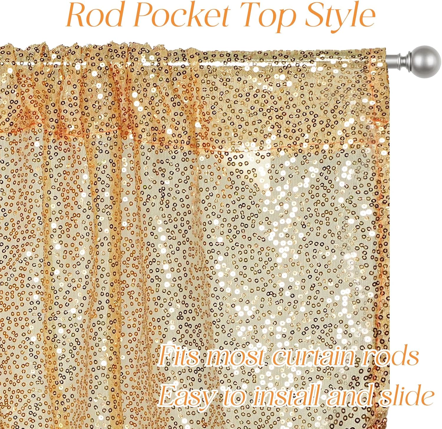 Beaded Sequin Curtains Valance for Window Treatment, Rod Pocket Glitter Bead Trim Tassel Swag Curtain Light Filtering for Kitchen Cafe Living Room, Gold, 3 Panels, Each 52" W x 24" L