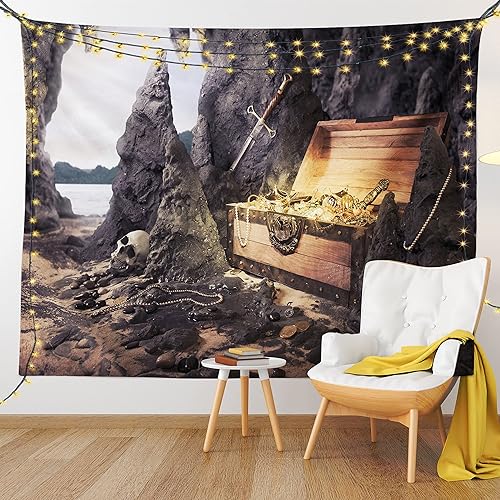 Miniatura 9 de Ambesonne Tapiz de fantasía, cofre del tesoro abierto con monedas de oro en ilustración pirata de cueva, colgante de pared ancho para dormitorio,