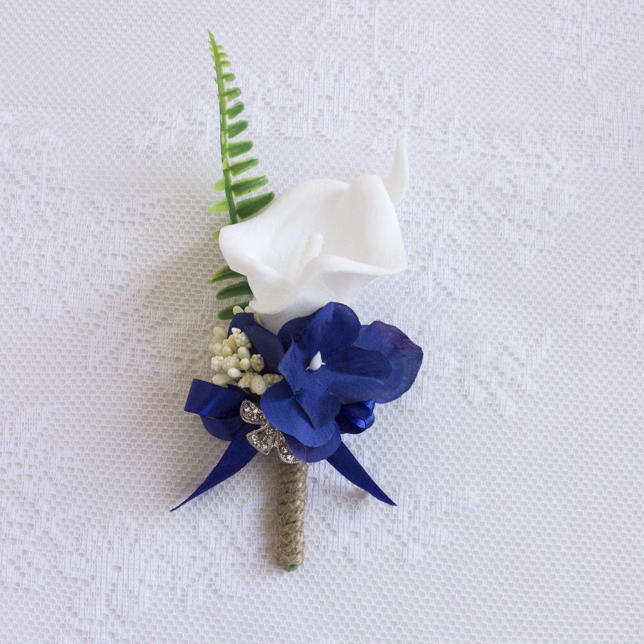 Abbie Home White Calla Lily and Rose Cascading Bride Bouquet Waterfall Wedding Flower - Lily Rhinestone Jewelry Brooches and Satin Ribbon Décor (Royal Blue Boutonniere)