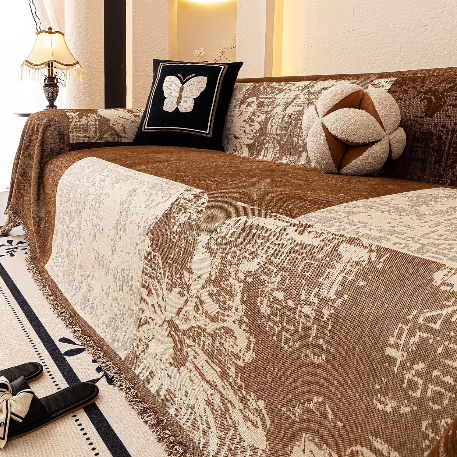 DREAMINGO Vintage Boho Couch Cover Abstract Farmhouse Style Sofa Covers Brown Beige Patchwork Couch Cover Blanket Multi-Texture Chenille Loveseat Covers Washable Furniture Protector 71"x118"