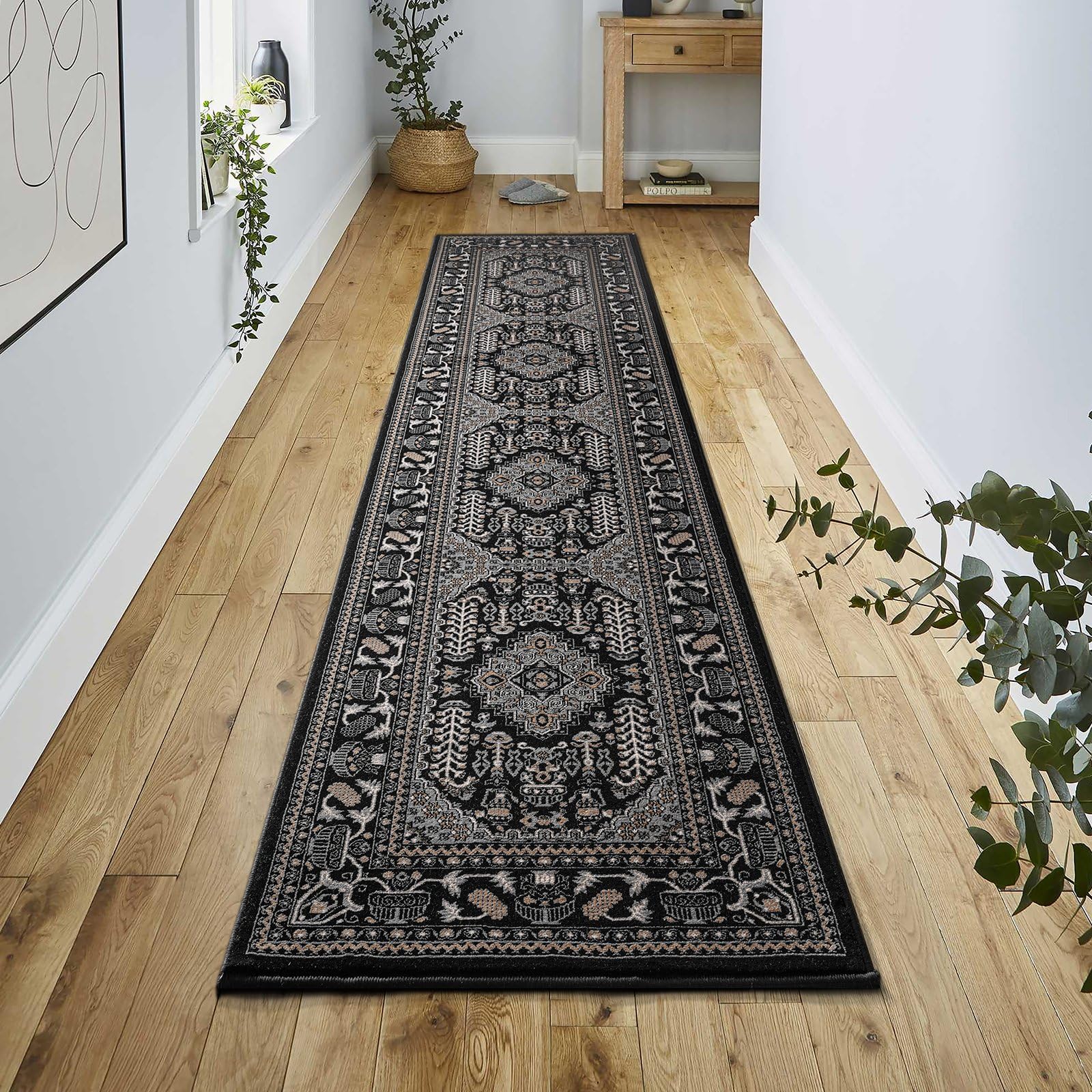 renoazul® Hallway Runner With Medium Pile, Vintage Rug - Zinat 80 x 300 cm, Black Rug - Washable Mats For Kitchen Floor, Hall Runner and Lounge — image 1