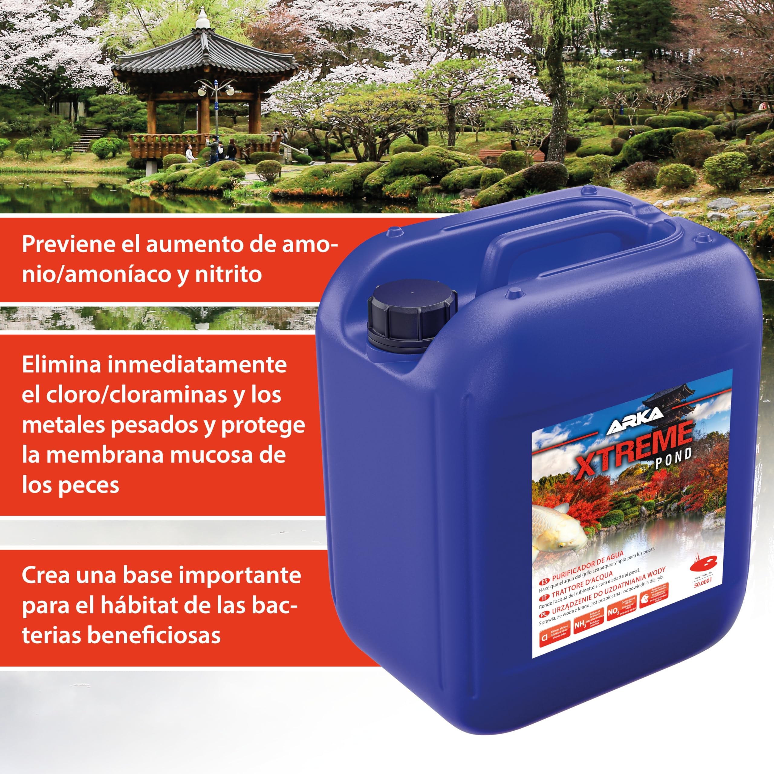 ARKA Pond Xtreme - 5 L - Hace Que el Agua del Estanque de jardín Sea Apta para los Peces, Elimina el Cloro y el amoníaco, Seguro para Todos los habitantes del Estanque.