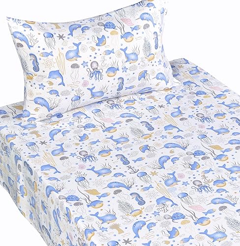 Miniatura 2 de Scientific Sleep Juego de sábanas de animales marinos simpáticos de delfín, ballena, pulpo y medusa, 100% algodón, juego de ropa de cama individual