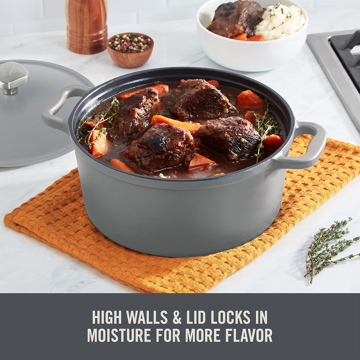 Zakarian x Dash Nonstick Cast Iron Dutch Oven - Heavy-Duty Pot with Lid for Restaurant-Quality Cooking - Titanium Ceramic Coating - Oven Safe and Induction Compatible - Gray, 4.5-Quart