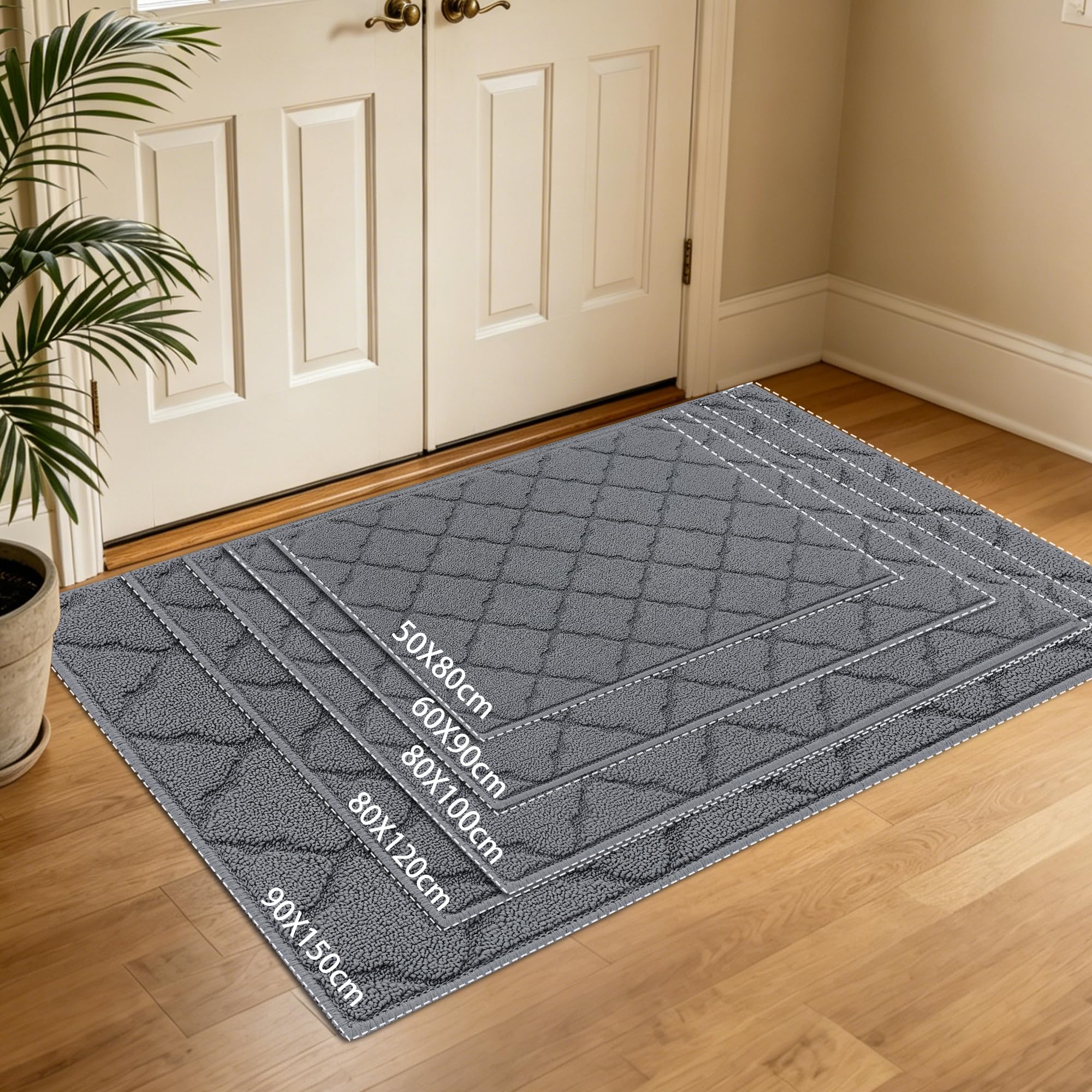 Schmutzfangmatte Innen 90x150cm, rutschfeste Maschinenwaschbare Fußmatte, Eingangstürmatte mit Wasserabsorbierenden, Fussmatte für Hund, Eingang, Haustür, Grau