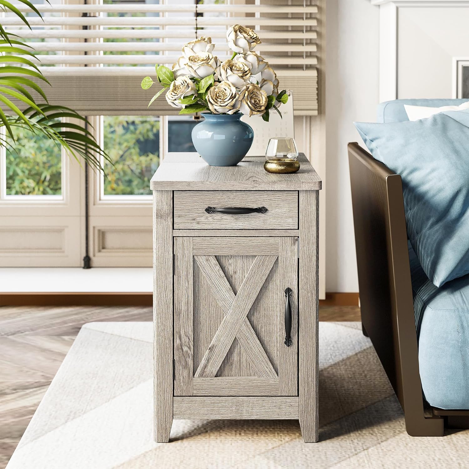 IRONCK End Table with Charging Station, Narrow Side Table for Living Room, Farmhouse Night Stand for Bedroom, Bedside Table with Storage and Drawer for Home, Beige Maple