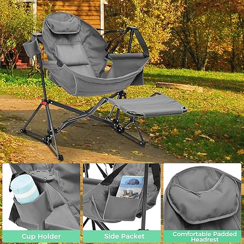 Miniatura 3 de Ainfox Silla hamaca con reposapiés, sillas de campamento plegables portátiles de gran tamaño para adultos al aire libre, campamento oscilante con