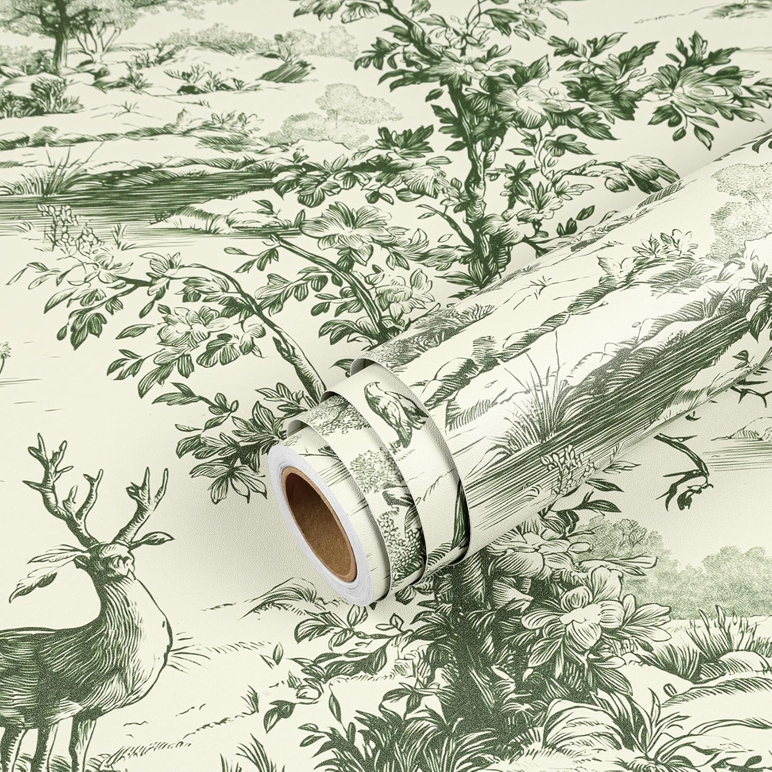 Livelynine 17.5x276 Nature Wallpaper Stick and Peel Trees Animals Green Plants French Country Landscape Wallpaper for Bedroom Bathroom Wall Murals Sage Green Pattern Contact Paper Renter Friendly