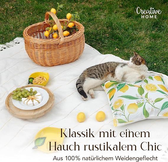 Creative Home Large Wicker Picnic Basket with Handle 44 x 33 x 36 cm Large and lightweight shopping basket natural brown hand-woven universal