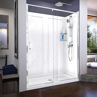DreamLine Flex 30 in. D x 60 in. W x 76 3/4 in. H Semi-Frameless Shower Door in Chrome with Center Drain White Base and Backwalls, DL-6227C-01