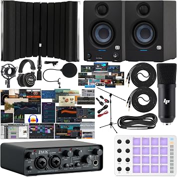 LyxJam 2x2 USB Audio Interface with Asio Driver and NEW Software Bundle, New Designed Eris 3.5 Studio Monitors, Bluetooth MIDI Pad Controller Beat Maker, Isolation Recording Shield