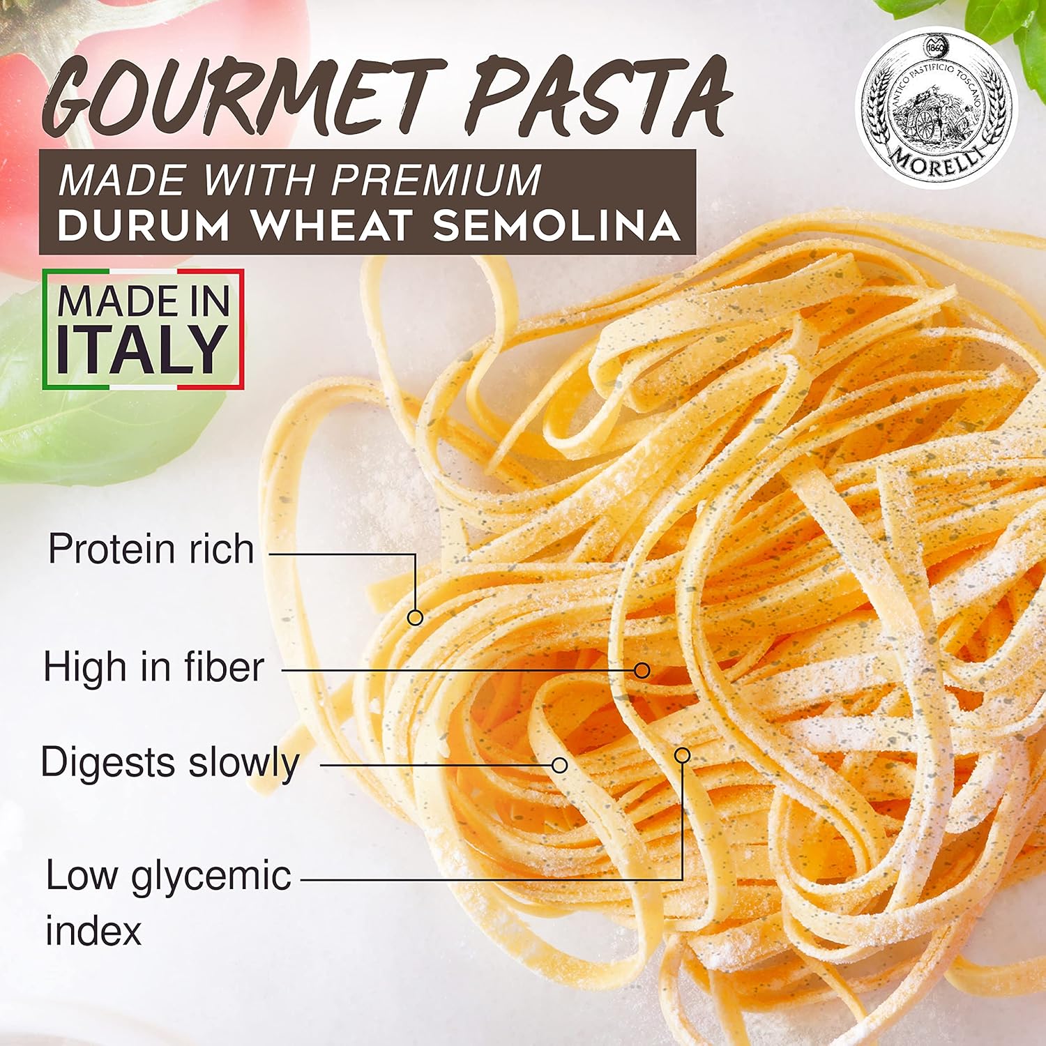 Morelli Italian Pasta Organic Garlic and Basil Linguine, Morelli Red Chili Linguine Pasta - Red Pepper Pasta with Wheat Germ & Morelli Lemon Pepper Linguine Pasta with Wheat Germ - Linguine Organic