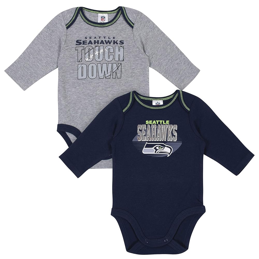 Gerber NFL Seattle Seahawks Long Sleeve Bodysuit, grey/blue Seattle Seahawks, 0-3M, 2 Pack