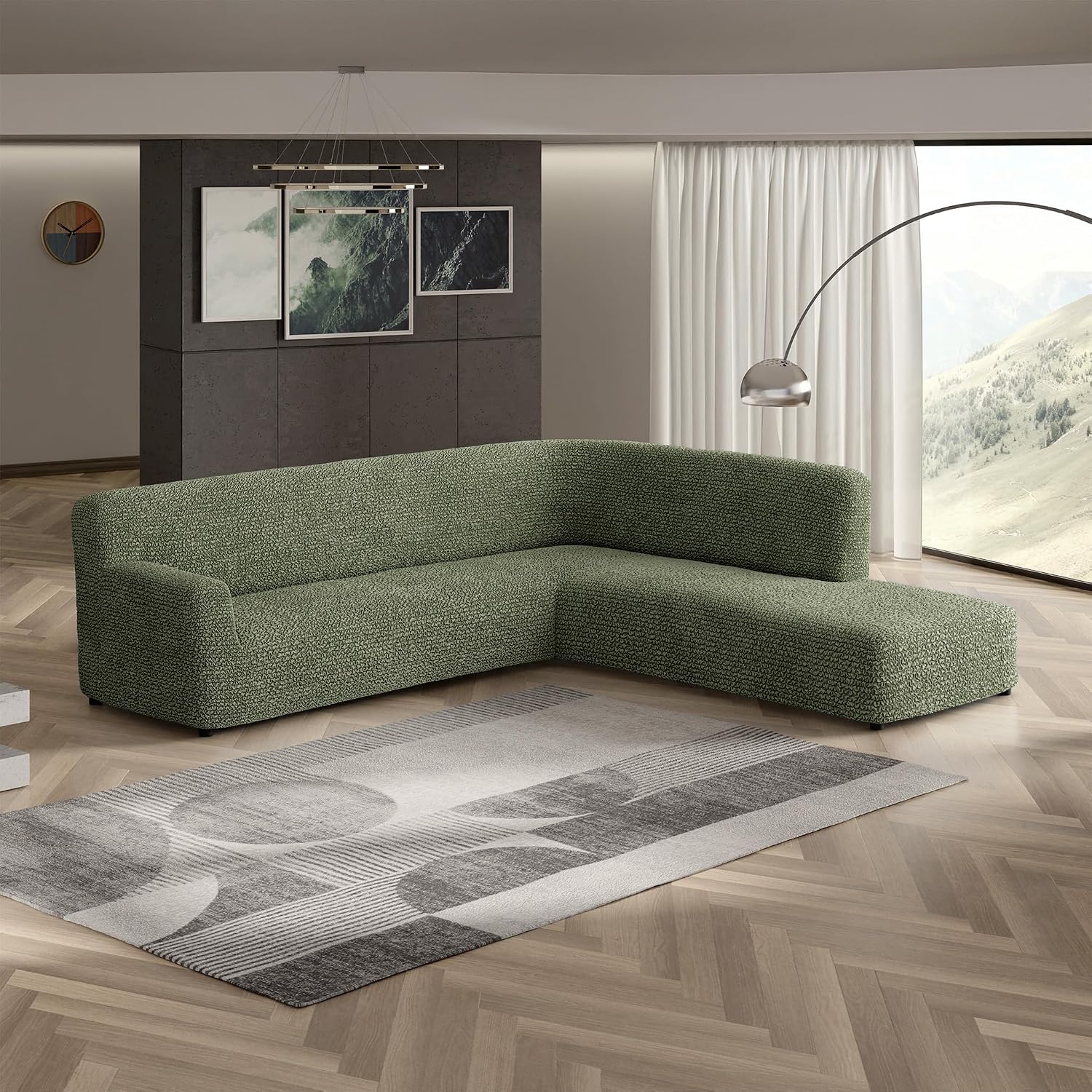 PAULATO BY GA.I.CO. Stretch Sectional Sofa Slipcovers 1-Piece Non-Slip – Elastic L Shape Couch Cover – Soft Furniture Protector Washable – Moss Green (Right-Facing Bumper 120"-195" Wide)