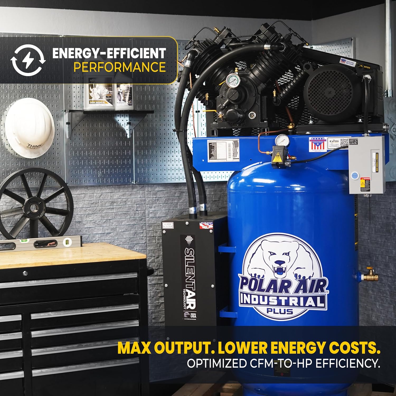 Industrial Plus Silent Air Compressor - 7.5HP 80 Gal Vertical 2-Stage, 31CFM 230V 1-Phase with Pressure Lube Pump & Auto Drain System - PSP07V080V1