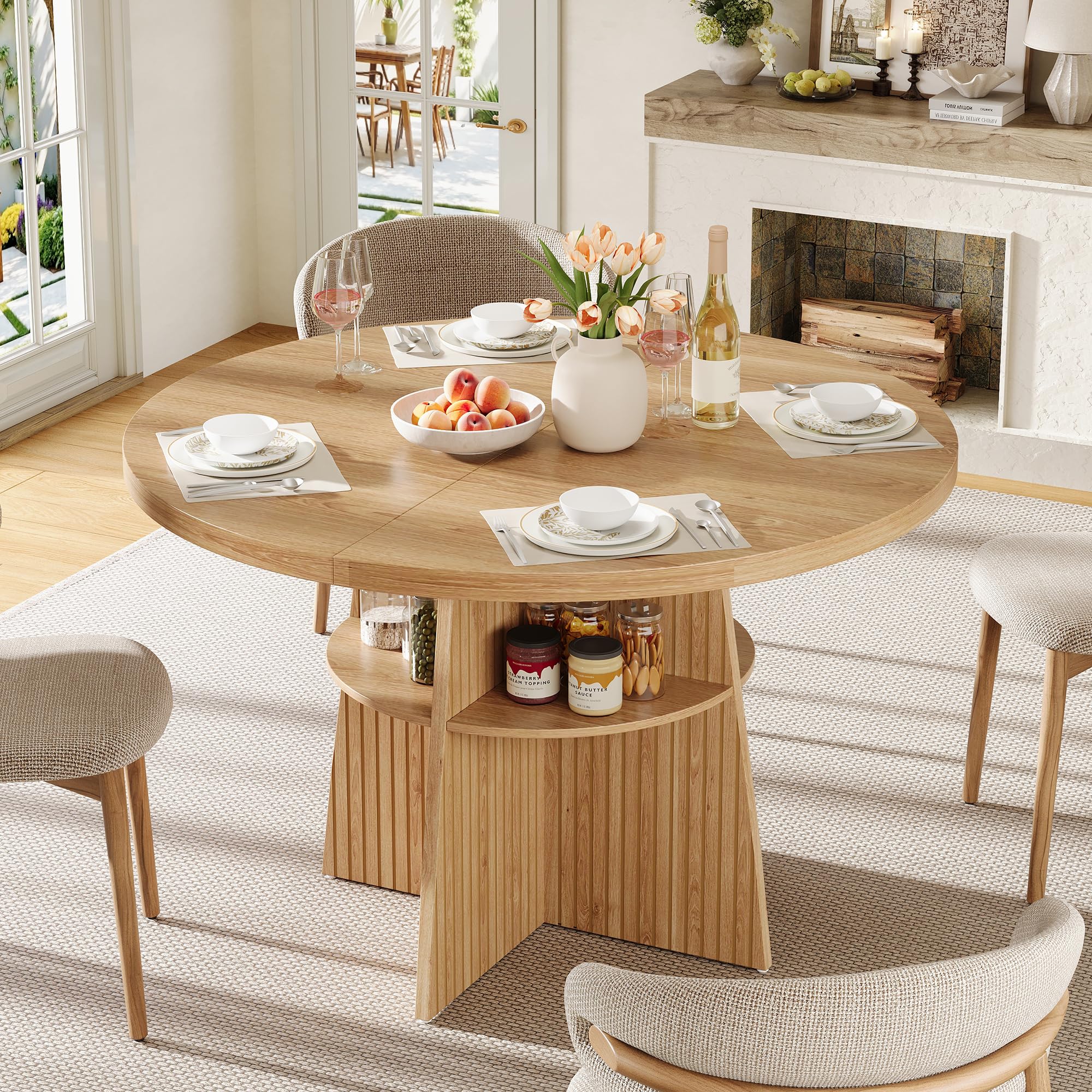 Mesa de comedor redonda extensible, 110-150 x 110 x 77,5 cm, ahorra espacio, para 2-8 personas, con tablero extensible y estante integrado, mesa moderna de madera en aspecto natural, natural