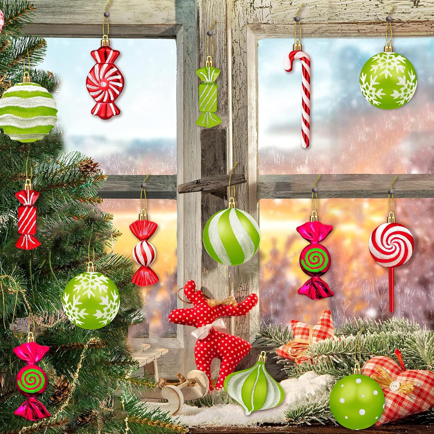 Christmas Ornaments Candy Lollipop Set -48Pcs for Xmas Tree Decoration Hanging Plastic Gloss Candy Canes Ball Pendants for New Year Home Decor Party Supplies (Red White Green)