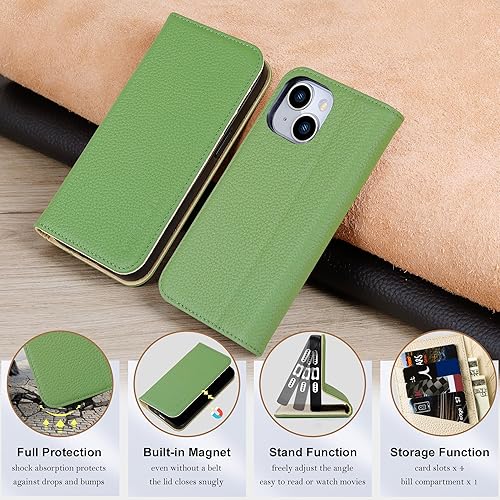 Miniatura 7 de VISOUL Funda de cuero con diseño de guijarros para iPhone 14 Plus, funda tipo cartera de cuero real con tarjetero y función atril magnética,
