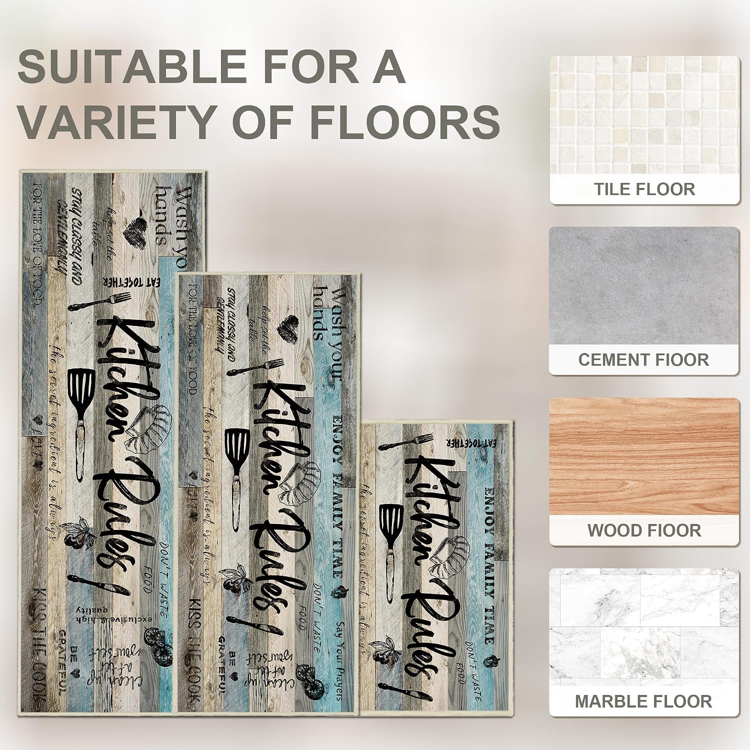 Tritard 100% Non Slip 3 Piece Kitchen Rugs Set with Runner, Farmhouse Washable Kitchen Mats for Floor, Ultra Soft Kitchen Floor Mats Carpet Runner Rugs for Sink, Entryway, Laundry Room, Teal Gray