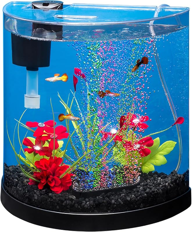 Kit inicial de pecera de media luna de 3 galones | El kit de acuario incluye piedra de aire LED burbujeante, tanque acrílico de 3 galones, filtro y cartucho, bomba de aire, para peces pequeños de agua dulce