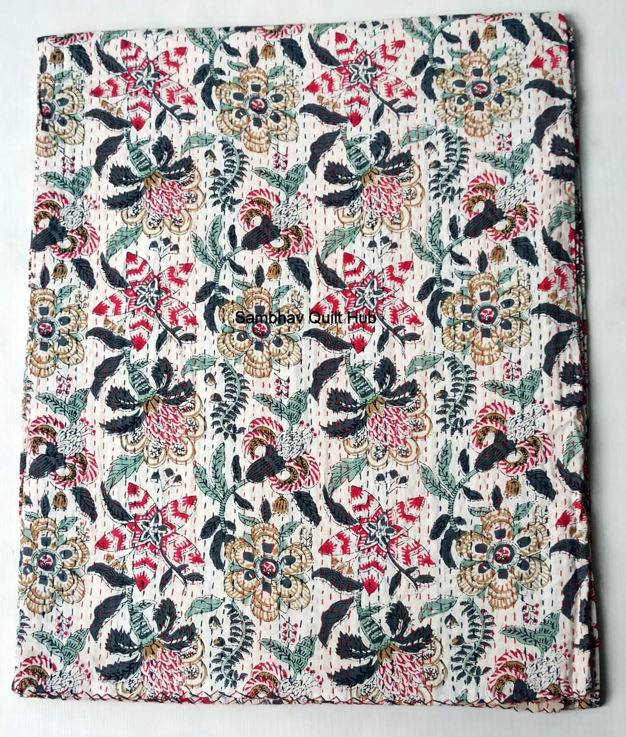 Floral Kantha Quilt Block Printed Kantha Blanket Cotton King Kantha Bedspread Handmade Kantha Coverlet Throw Queen Throw Kantha Blanket
