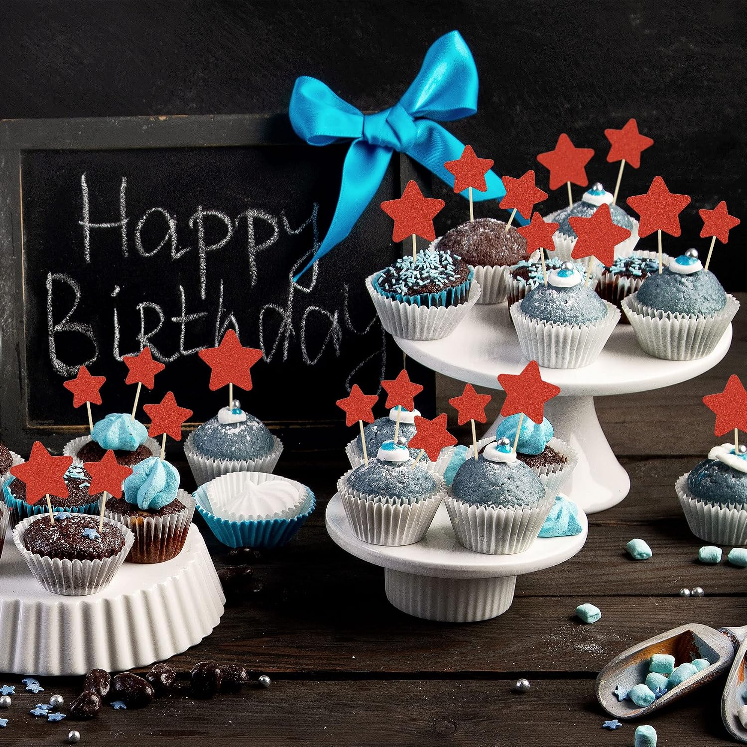 Gyufise 42Pcs Red Glitter Star Cupcake Toppers Mixed Size Twinkle Little Star Cupcake Picks Decorations for Wedding Anniversary Baby Shower Birthday Party Supplies - Image 4