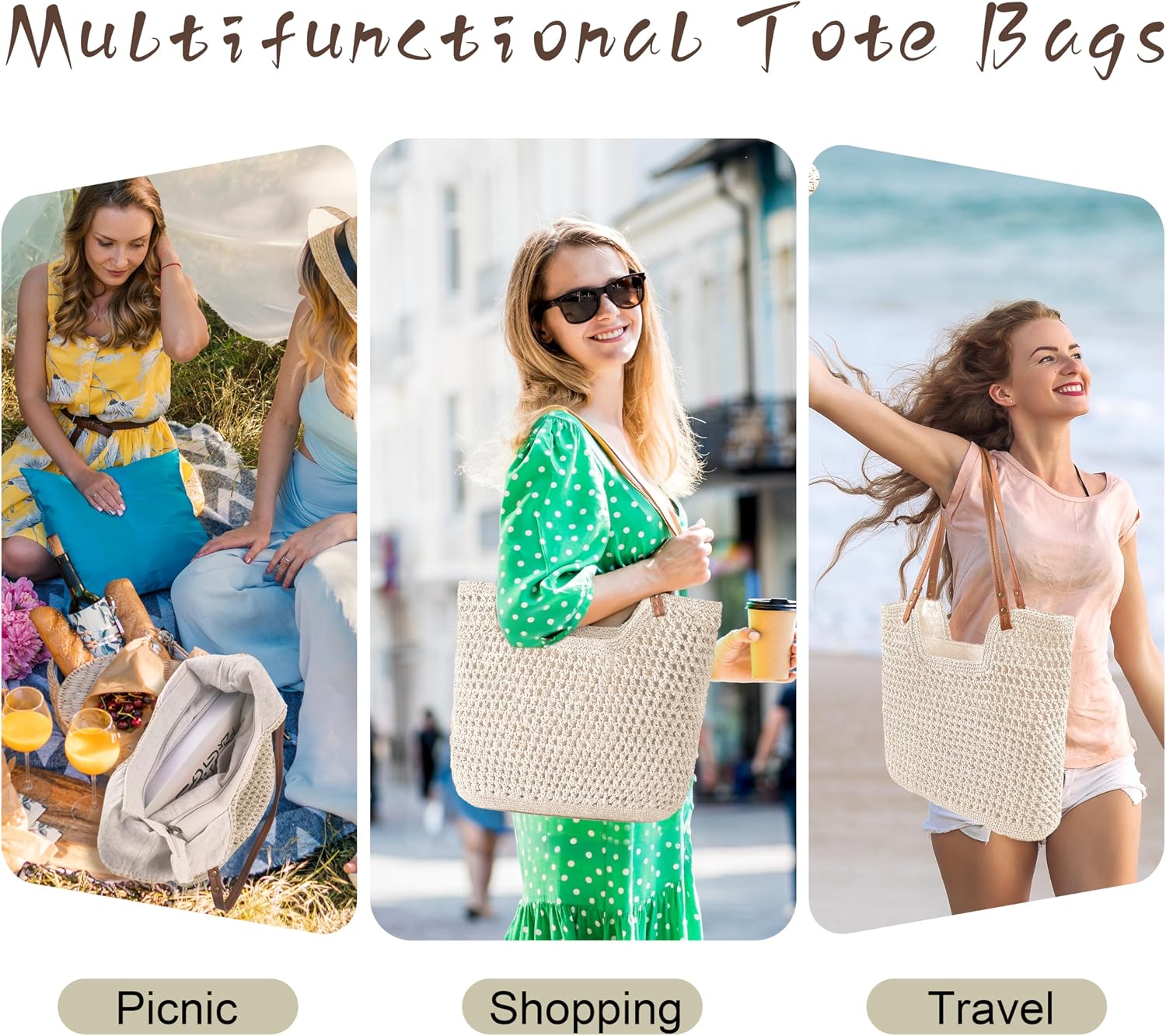 Crochet Beach Bag, Woven Tote Bag, Boho Bags for Women,Summer Purse with Zipper & Pocket