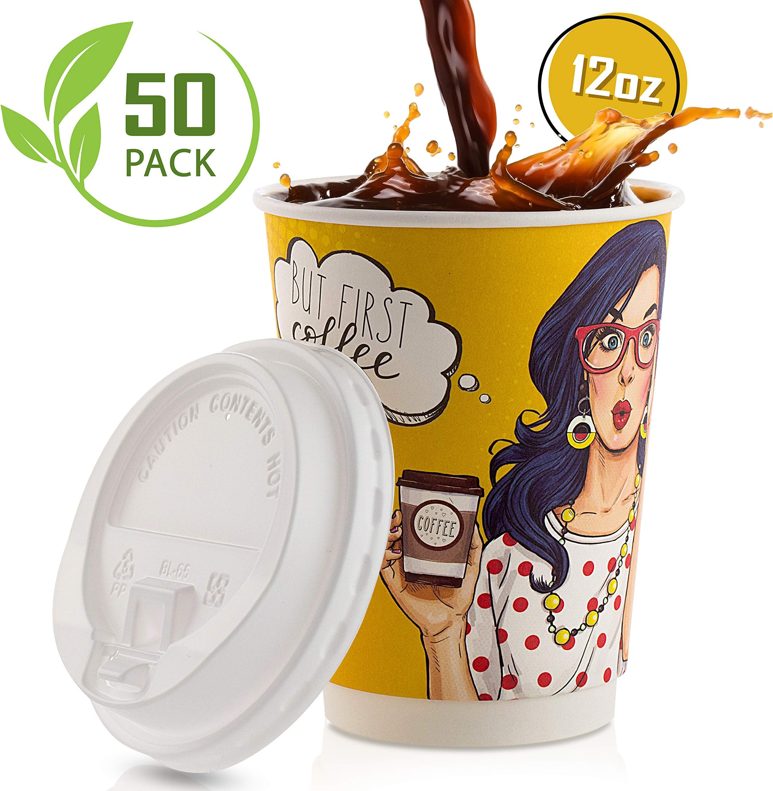 Disposable Coffee Cups With Leak-Proof Lids 12 Oz To-Go, 50-Pack Hot Paper Insulated Double Wall Cup Quality Secure-Locked Lid. Cute & Funny Woman Design, Cold/Hot Beverage Party Travel Cups.