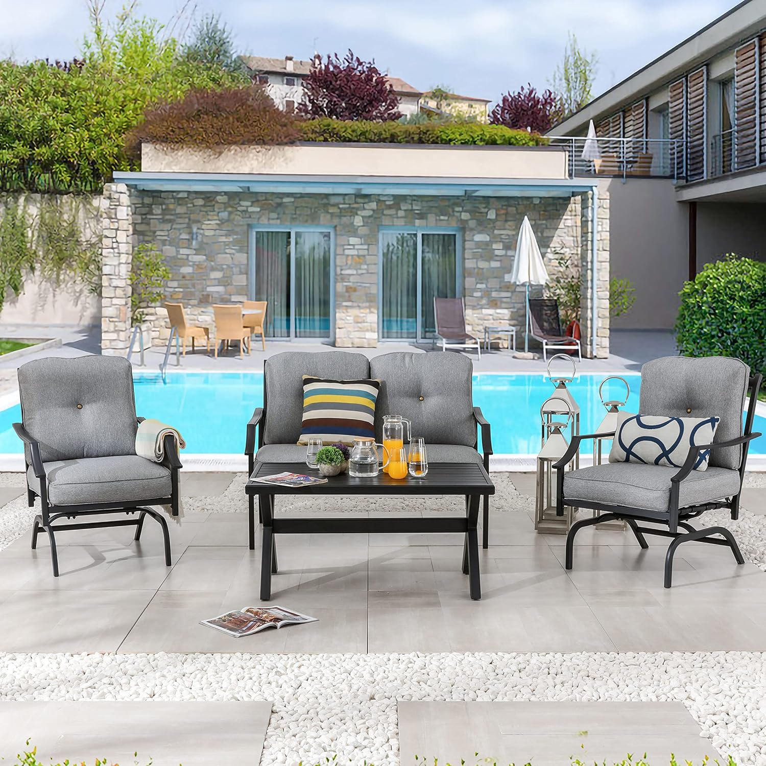 LOKATSE HOME 4 Pieces Outdoor Conversation Furniture Bistro Metal Seating Patio Armchairs Loveseat Set with Cushion & Coffee Table, Grey