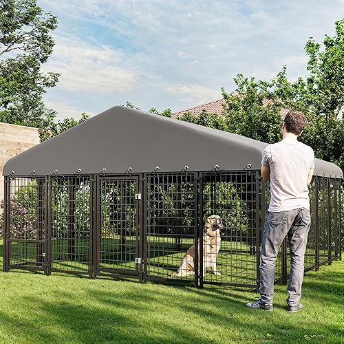 Miniatura 5 de Perrera para perros de 120 x 119 pulgadas en el exterior, grande con puerta de alimentación y doble cerradura, jaula resistente a la intemperie y