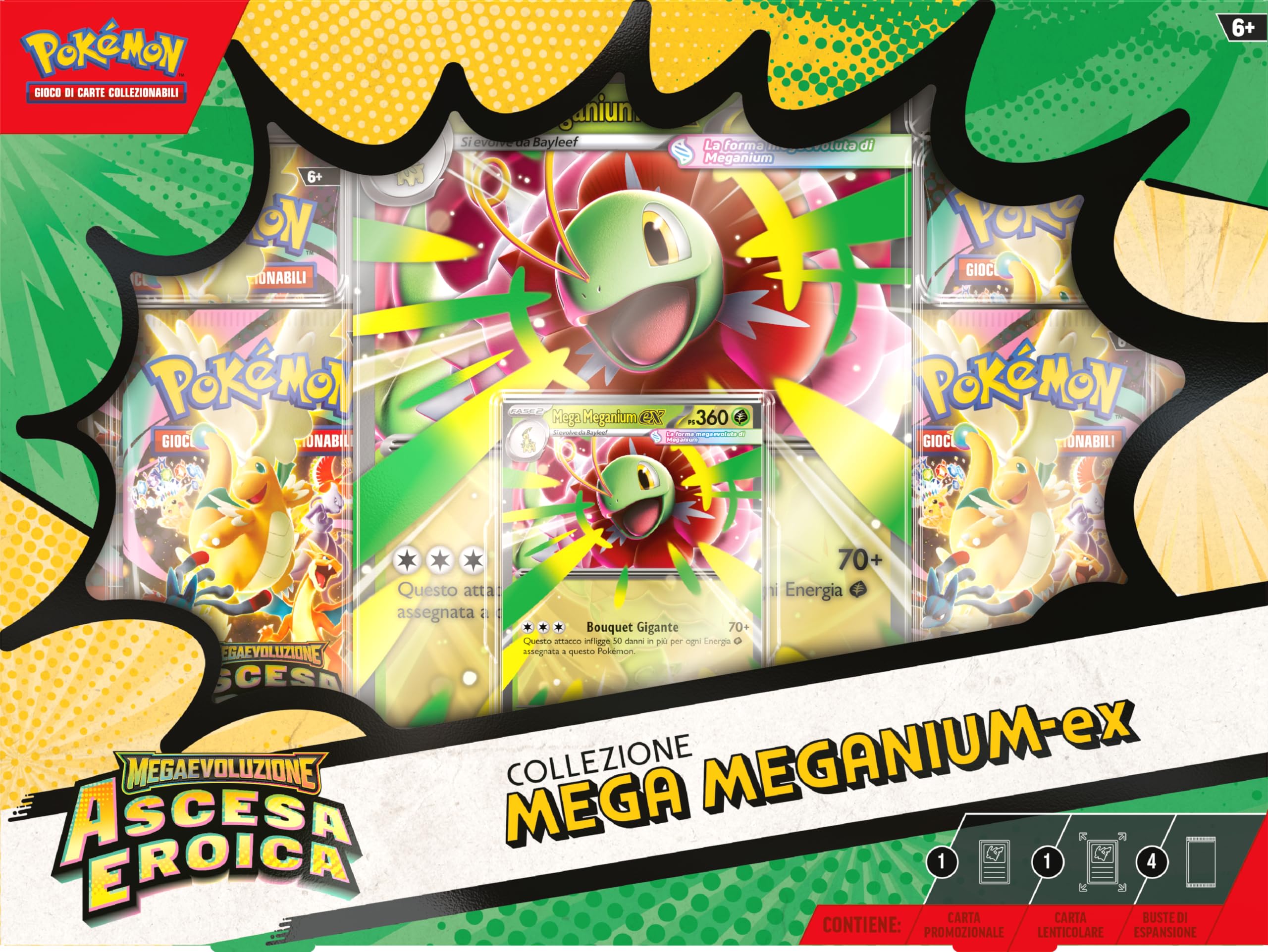 Pokémon: collezione Mega Meganium-ex dell’espansione Megaevoluzione - Ascesa Eroica del GCC Pokémon (una carta promozionale olografica, una carta lenticolare gigante e quattro buste di espansione) - 2