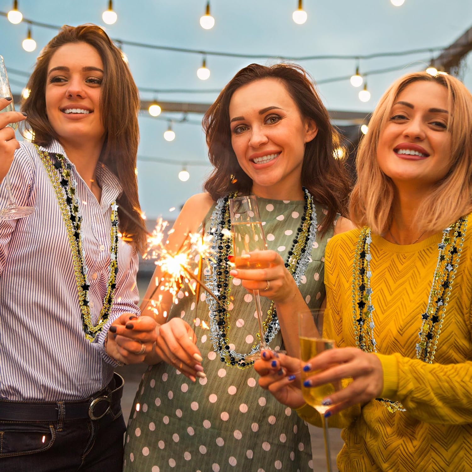 New Years Necklace Accessories, 100PCS New Years Eve Bead Necklaces Party Supplies 2026, 12 Kinds HAPPY NEW YEAR Star Necklace Bulk, Black Gold Silver Bead Necklace 2026 for New Year Decorations