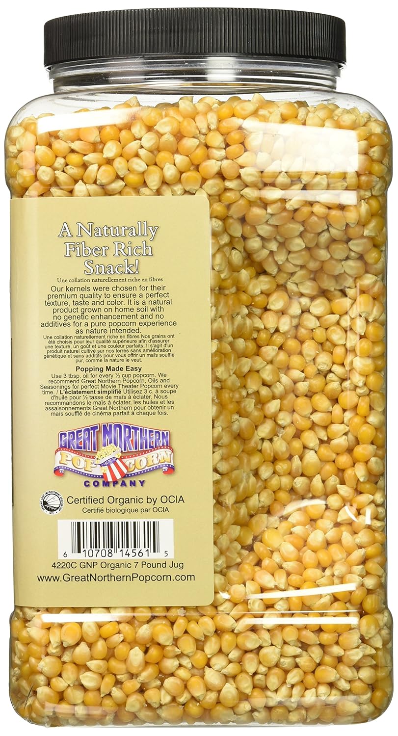 Organic Popcorn Kernels - 7lbs Resealable Bulk Jug of Gourmet Popping Corn for Microwave, Stovetop, and Popper Machines by Great Northern Popcorn