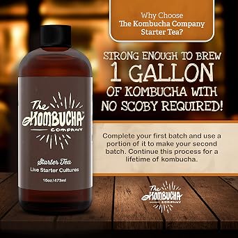 Kombucha Starter Tea | Grow SCOBY From Scratch | 16 oz Bottle | Live Cultures for Brewing 1 Gallon of Homemade Kombucha Tea | By The Kombucha Company