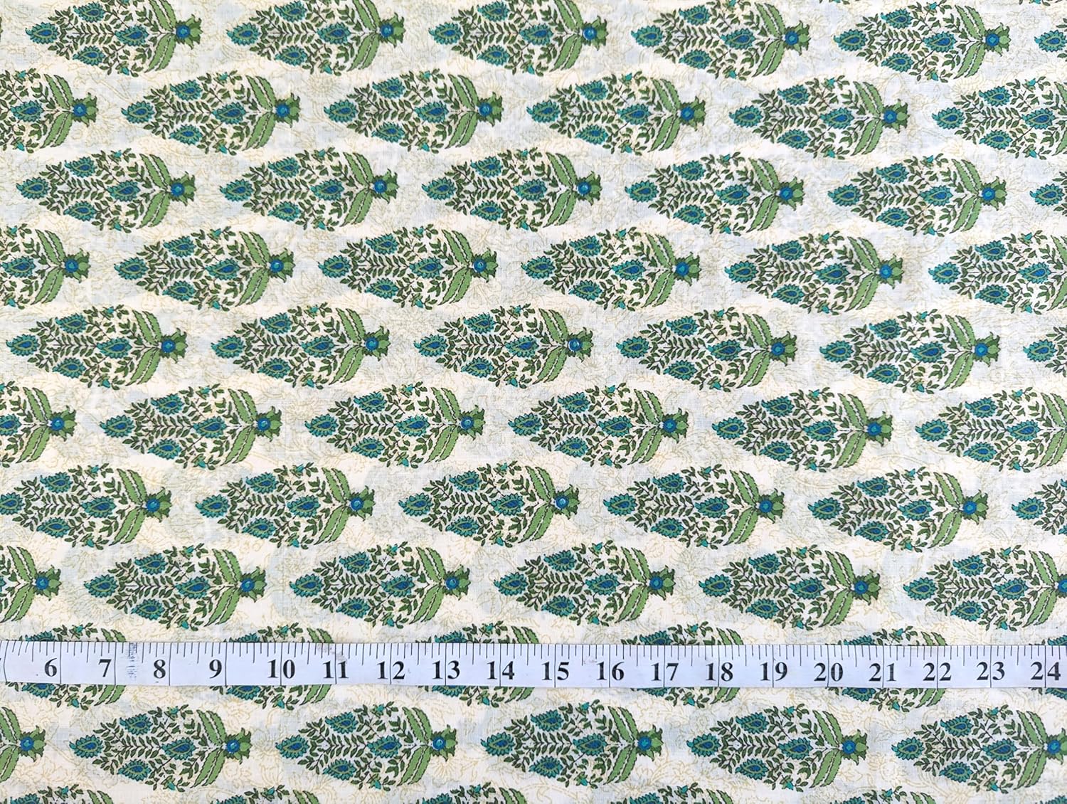 AVKA Studio Hand Block Print Fabric by The Yard - PRECUT 5 Yard 42 Inch Width - 100% Cotton Material - Beige and Teal Paisley Pattern - Light Weight Indian Cloth for Making Summer Dress Projects etc
