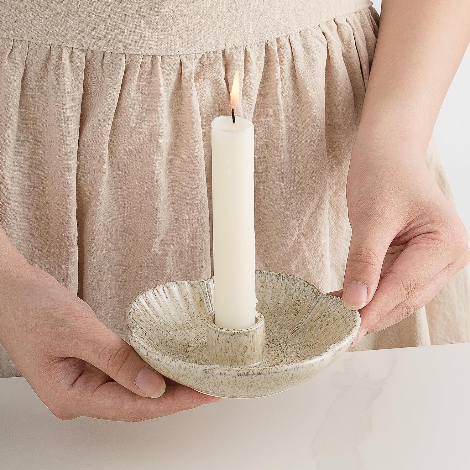 Ceramic Taper Candle Holder, Candlestick Holder with Tray Base