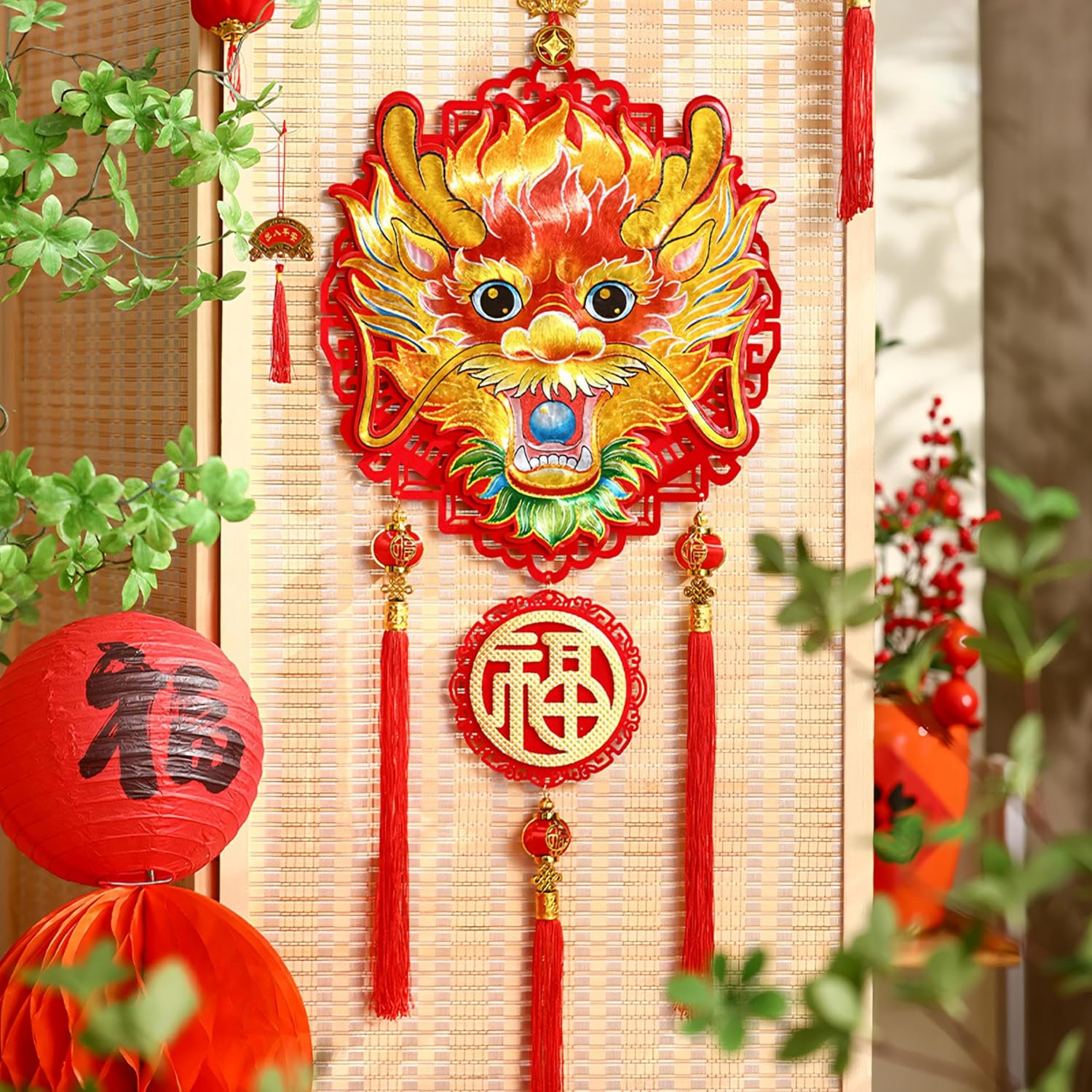 2024 Dragon Hanging Ornament for Chinese Lunar New Year Home Decorations Party Supplies, Lucky Red Blessing Tassel Pendant for Office Living Room Ornament,Spring Festival Pendants (102cm)