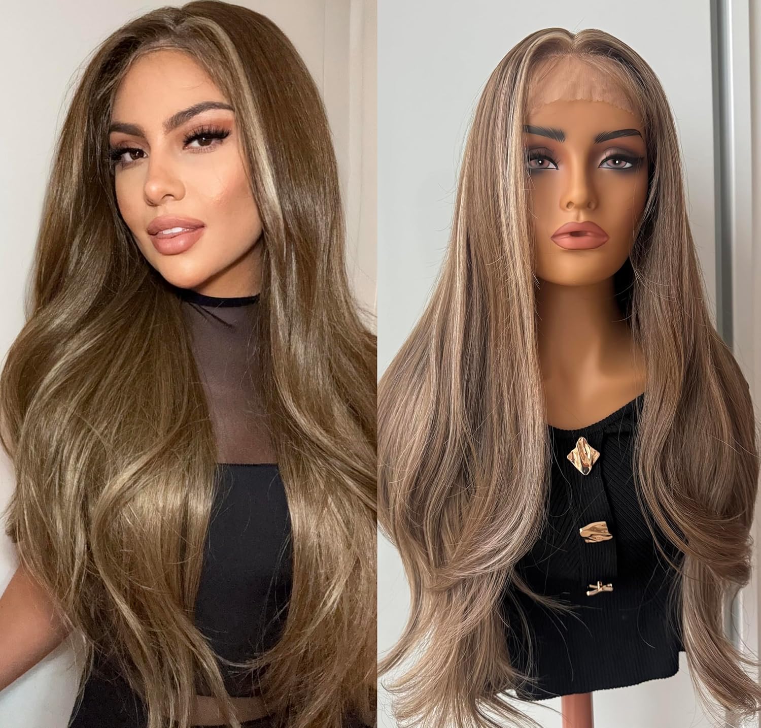 Long Blonde Lace Front Wig with Dark Roots – 24 Inch Heat Resistant, Realistic Human Hair Blend, Ash Brown Blonde Highlights for Women