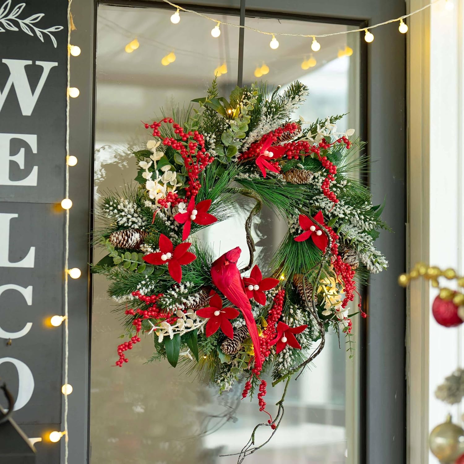 Christmas Wreath with Lights, Soomeir 24 Inch Lighted Christmas Wreaths for Front Door with Pine Needles and Berries, Large Prelit Wreath for Holiday Winter Window Outdoor Indoor Xmas - Image 6